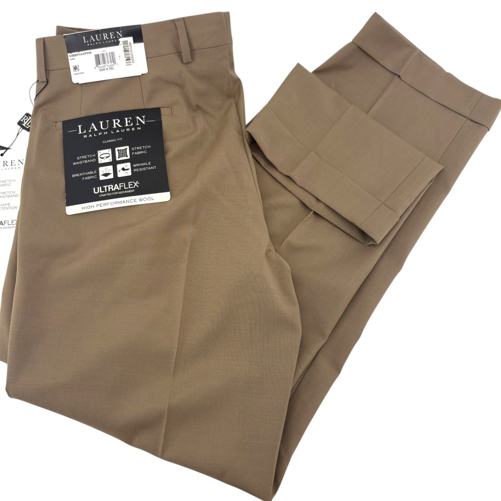 Lauren Ralph Lauren Ultraflex Tan Wool Pleated Dress Pants 33x30 Classic Fit NEW